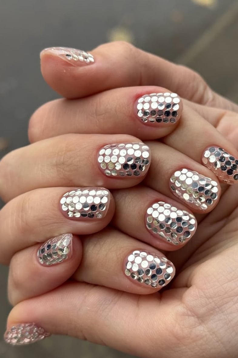Short Square Silver Sequin Nails — New Years Gel Nails 2027