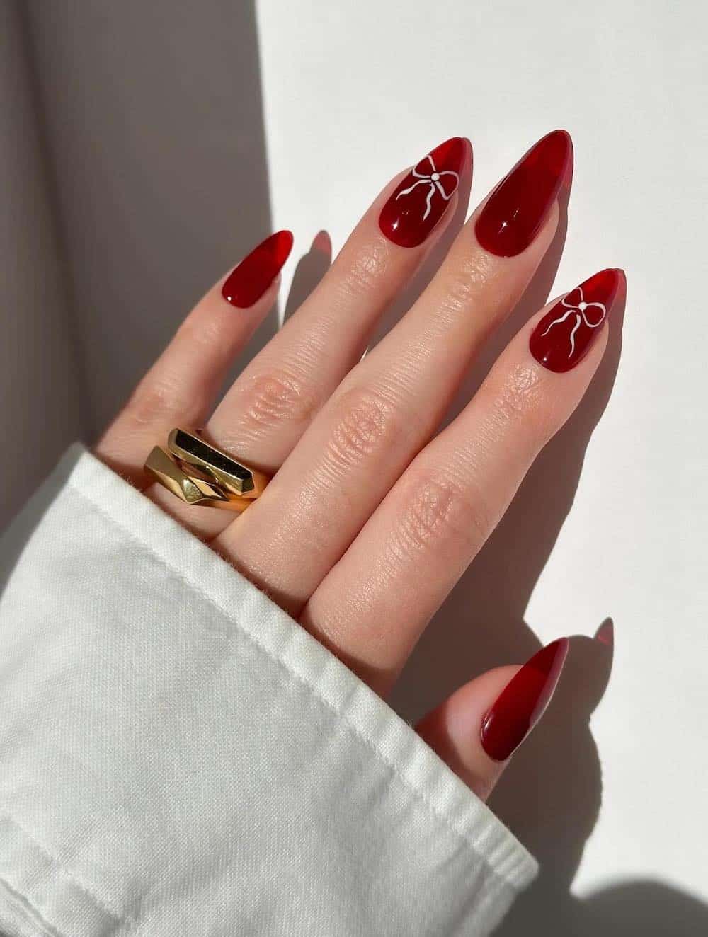 Deep Red Glossy Stiletto with White Bows Deep Red Glossy Stiletto with White Bows β Coquette Winter Nails
