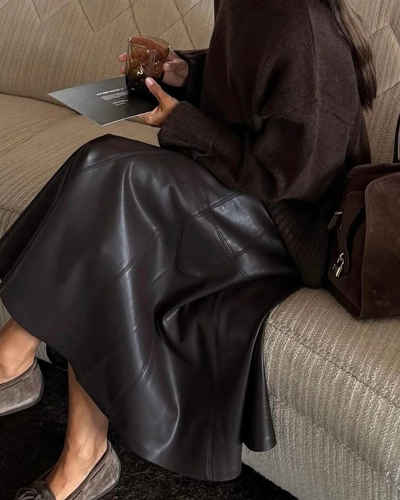 Brown Knit Sweater with Leather Midi Skirt — Minimalist Winter Outfits