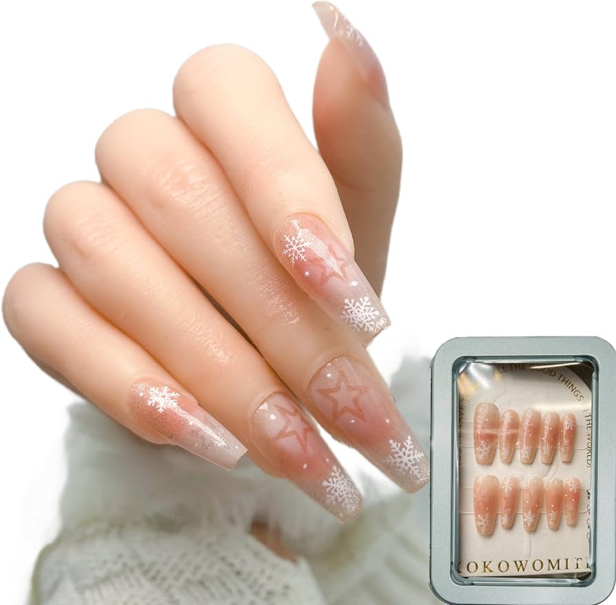 Glitter Pink Snowflakes Long Coffin Glitter Pink Snowflakes Long Coffin β Winter Nails for School
