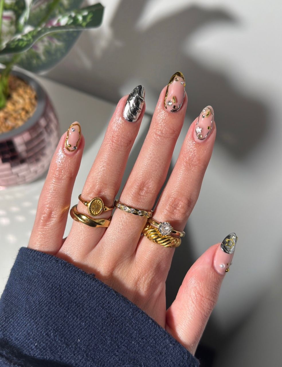 Gold Border French Tip Pearl Accent Almond Nails Gold Border French Tip Pearl Accent Almond Nails β NYE Nails 2027