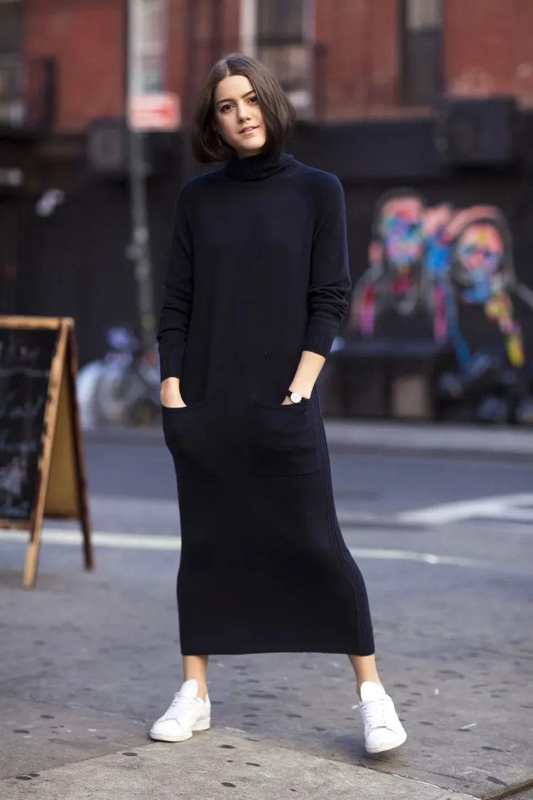 Cozy Black Turtleneck Sweater Dress with Sneakers — Sweater Dress Outfits