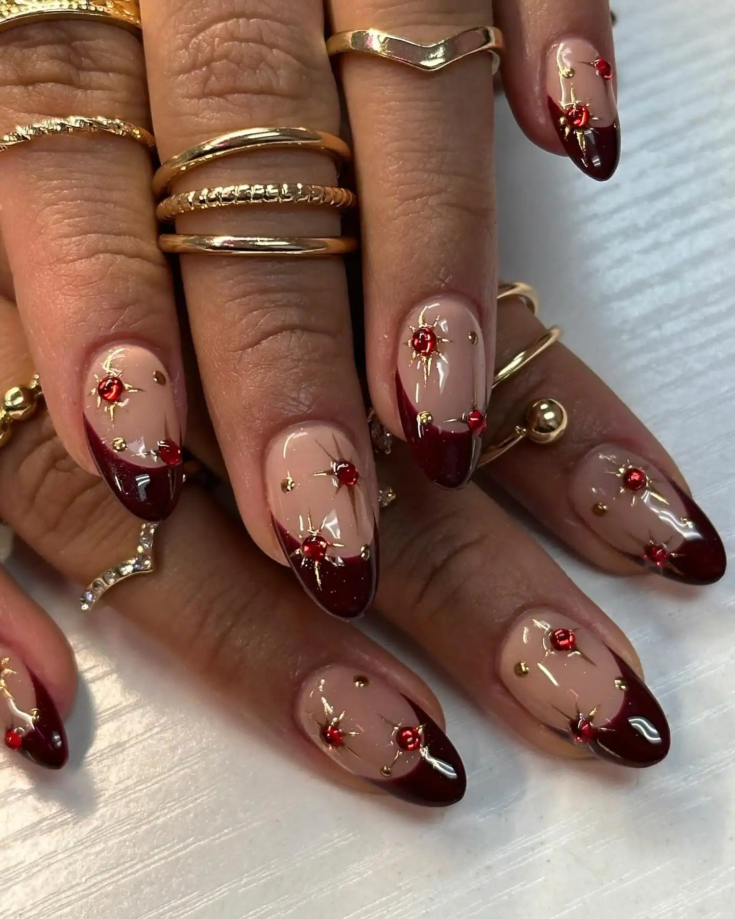 Medium Almond Wine Red French Gems Medium Almond Wine Red French Gems β Wine Christmas Nails 2026