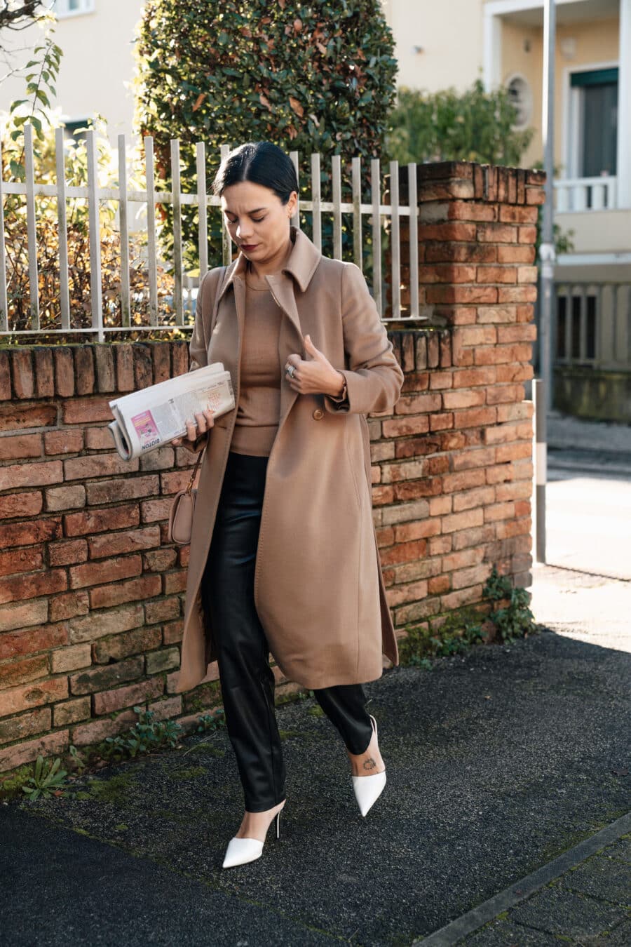Camel Wool Coat with Beige Knit and Black Trousers Camel Wool Coat with Beige Knit and Black Trousers β Winter Work Outfits