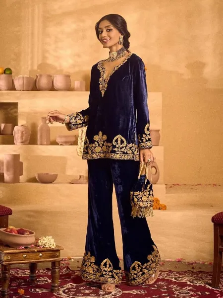 Embroidered Velvet Top and Wide-Leg Trousers — Winter Party Outfits