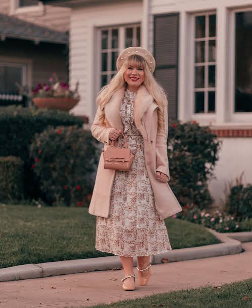 Pink Wool Coat with A-Line Dress and Nude Heels — Neutral Winter Outfits