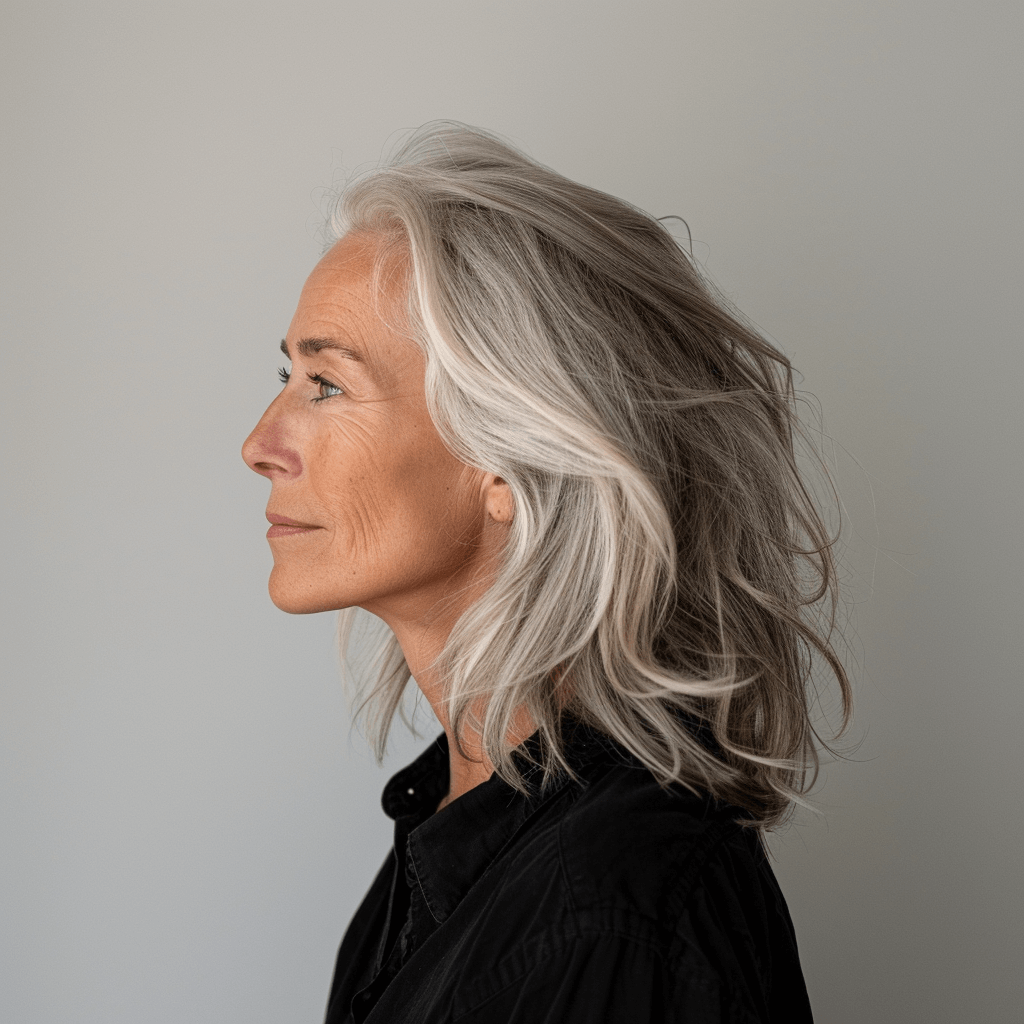 Lob With Curtain Bangs and Silver Highlights Lob With Curtain Bangs and Silver Highlights β Gray Blending Highlights
