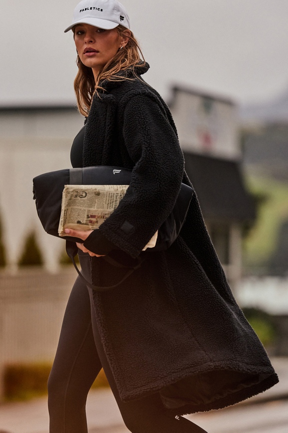 Long Black Teddy Coat Over Athletic Wear Teddy Coat Outfits