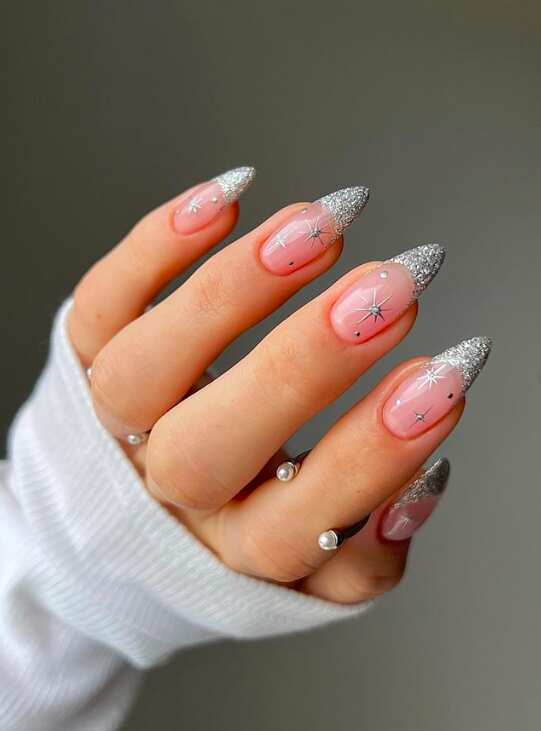 Silver Glitter French Star Decal Stiletto Nails Silver Glitter French Star Decal Stiletto Nails β Winter Stiletto Nails