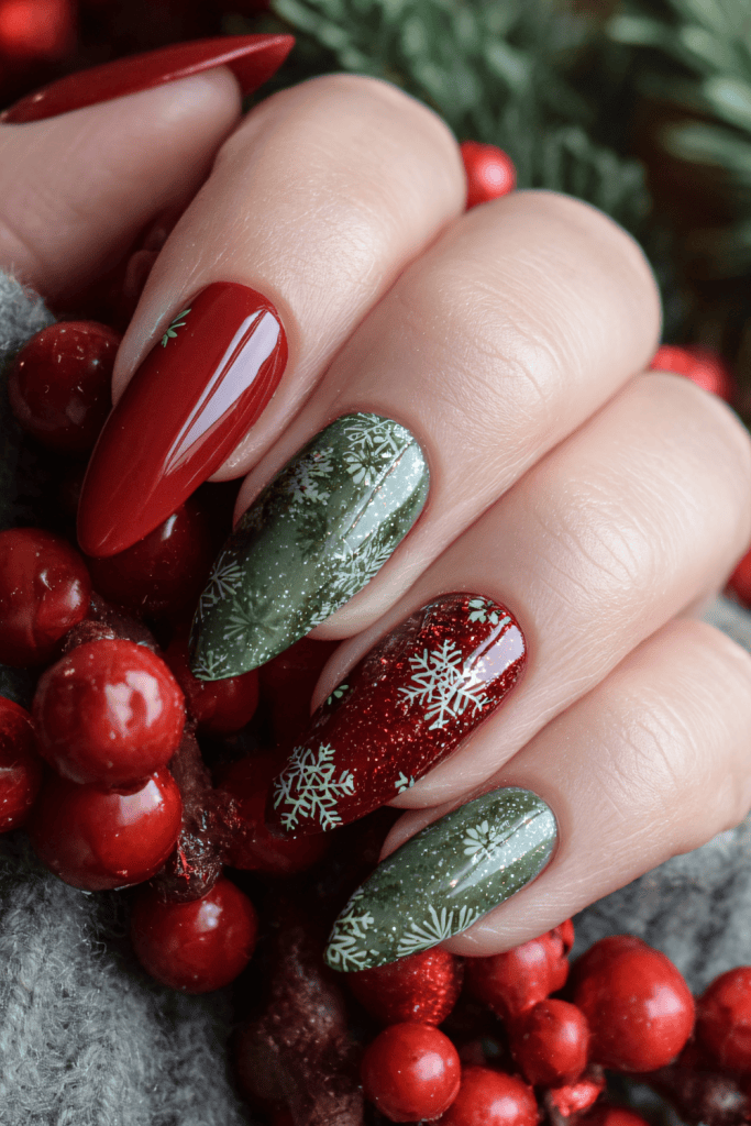 Glossy Glitter Visual Idea Glossy Glitter Visual Idea β Red and Green Christmas Nails 2026