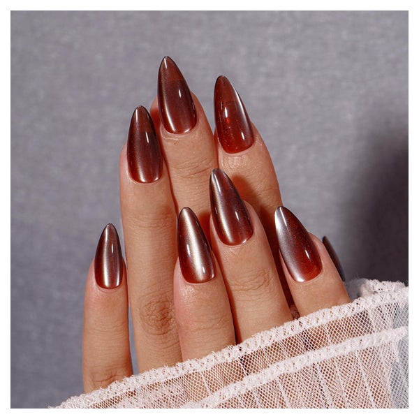 Warm Brown Magnetic Cat Eye Almond Nails — New Years Press On Nails 2027