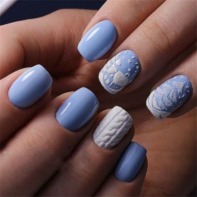 Cozy Matte Light Blue Sweater Nails — Short Christmas Nails 2026