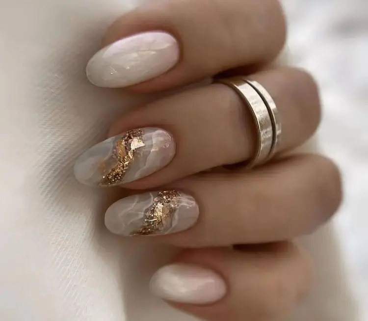 Creamy White Marble with Gold Foil Accents — Winter Marble Nails