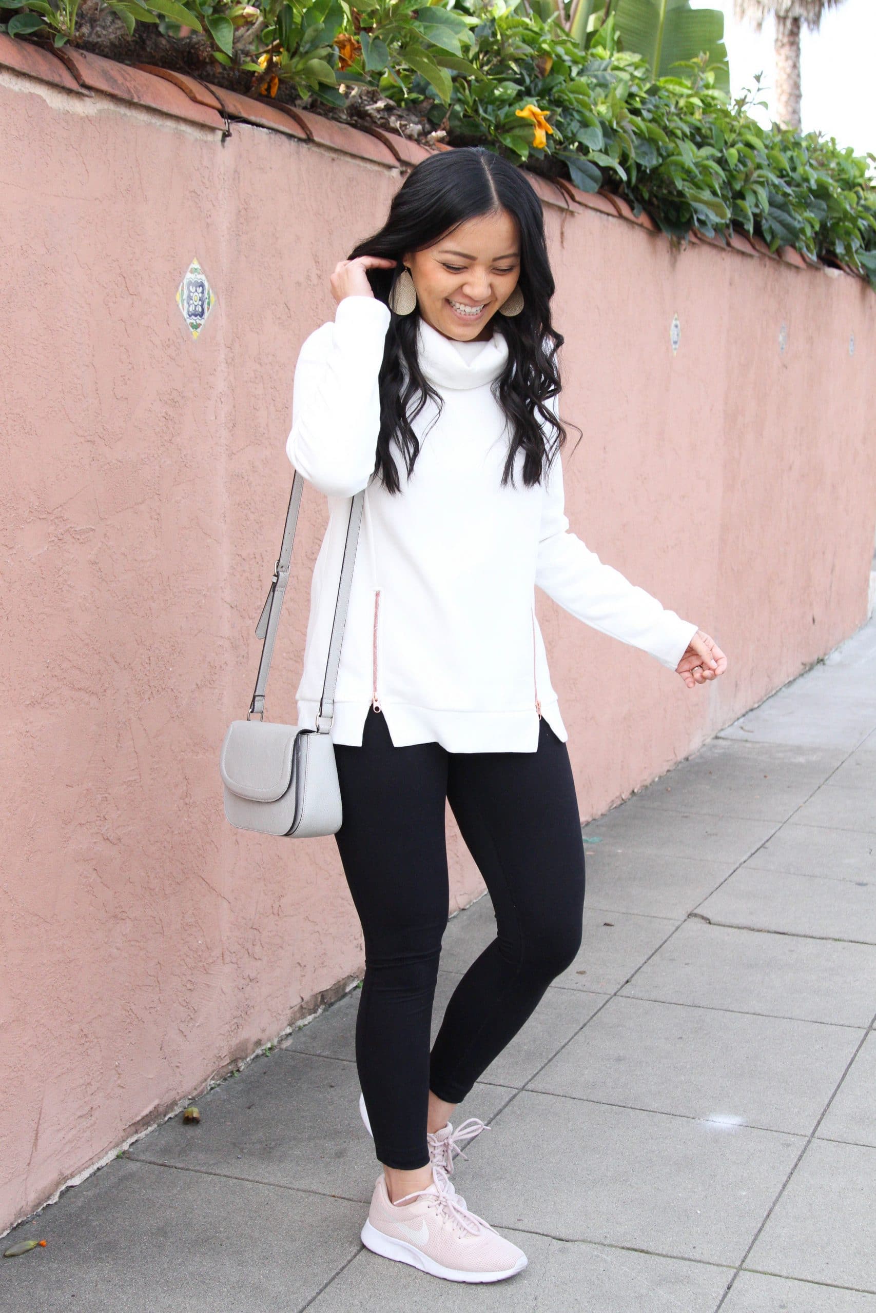 Comfort First: Black Leggings with Cowl Neck Sweatshirt and Pink Sneakers Comfort First: Black Leggings with Cowl Neck Sweatshirt and Pink Sneakers β Winter Outfits with Leggings