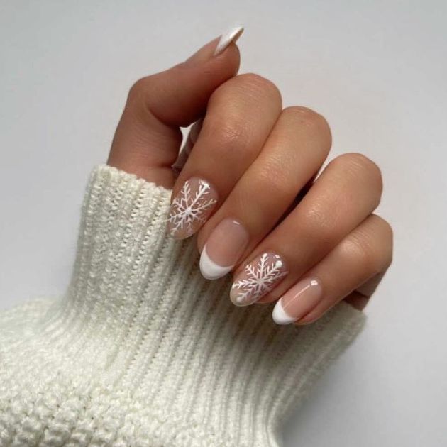 French Tips with Snowflake and Pearl Details — Cute Winter Nails