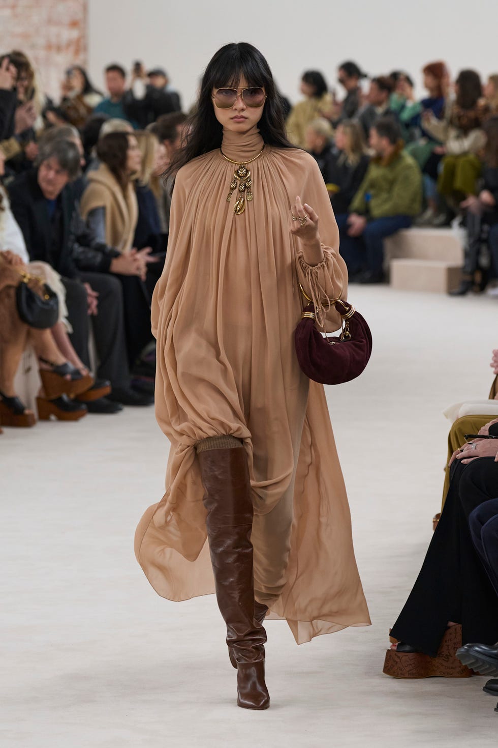 Flowing Beige Dress with Brown Leather Over-the-Knee Boots — Over the Knee Boots Outfits