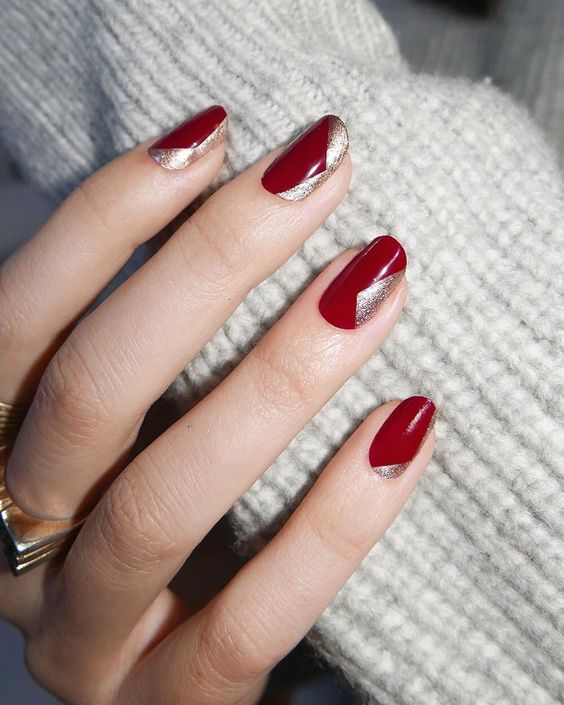 Short Square Red with Geometric Gold Foil — Simple New Years Nails 2027