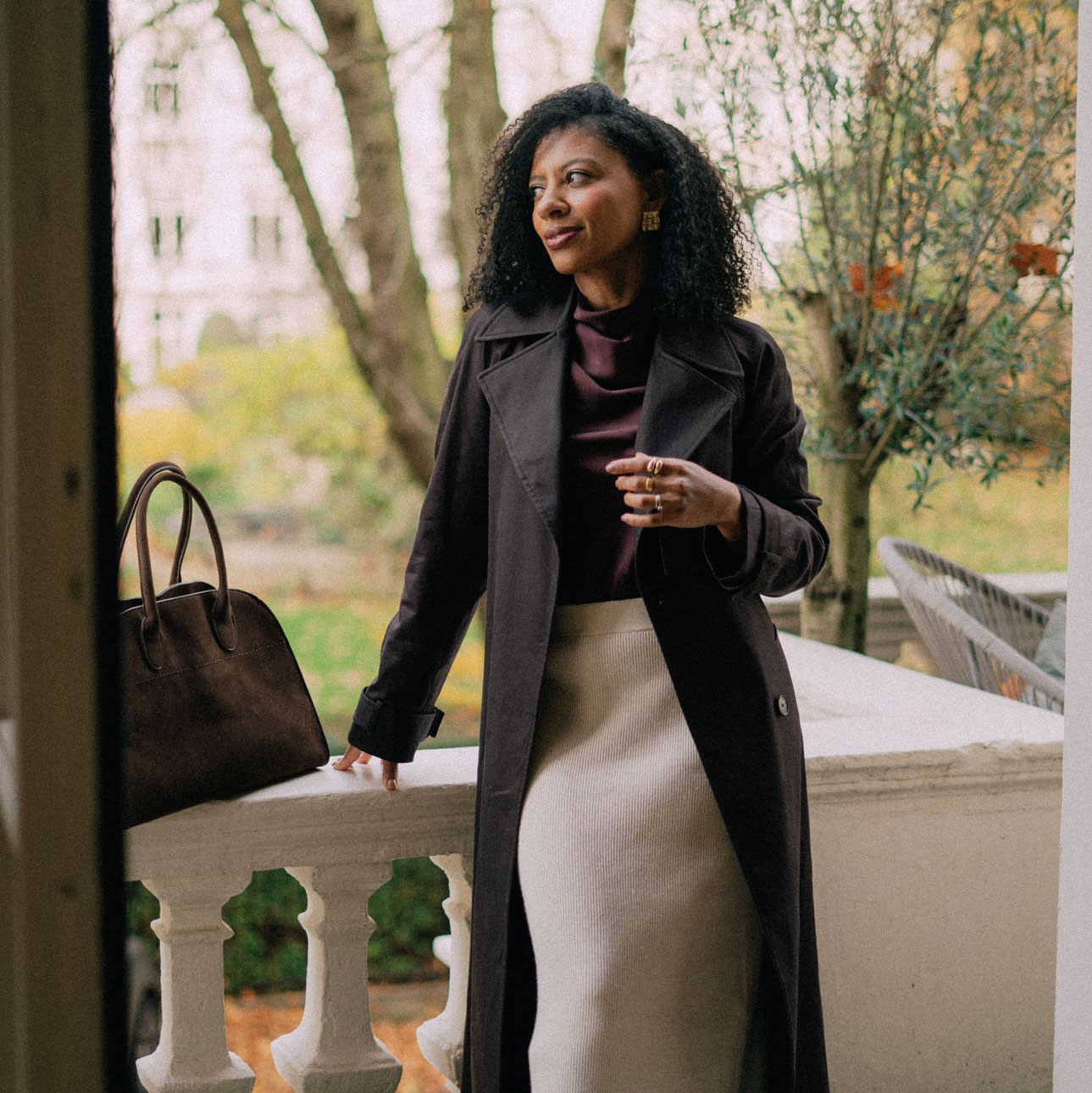 Dark Brown Trench Coat with Burgundy Top Dark Brown Trench Coat with Burgundy Top β Warm Winter Outfits