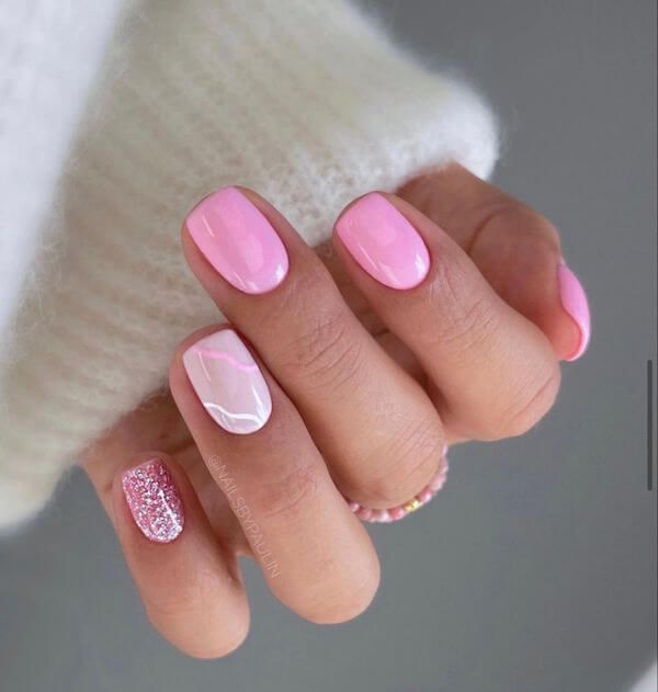 Bright Pink Glossy with Glitter and Lines — Winter Nail Colors for Short Nails