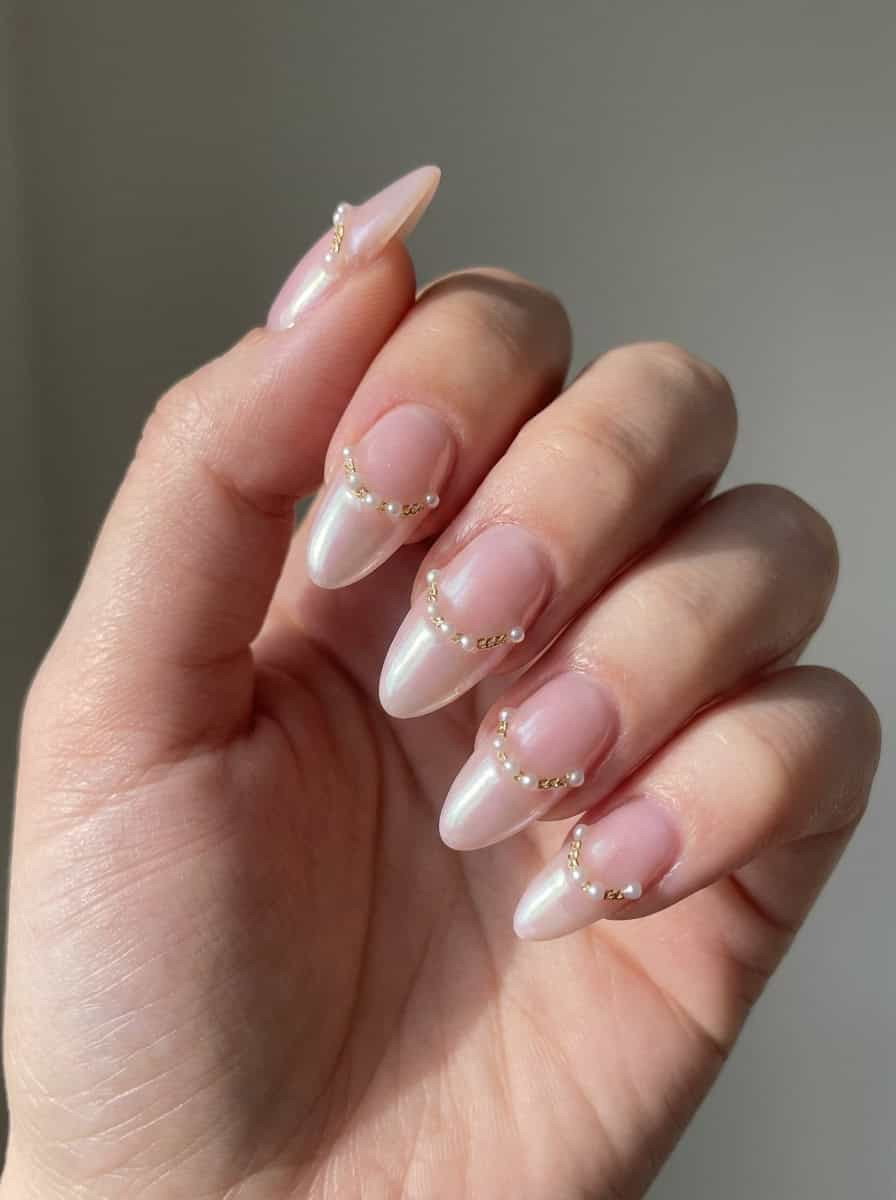 Long Stiletto Pearl Chain Cuticle Embellishments — Winter Champagne Nails