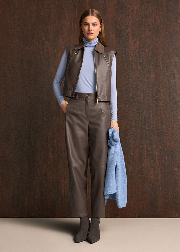 Brown Leather Cropped Pants with Turtleneck, Leather Vest, and Suede Boots — Leather Pants Outfits