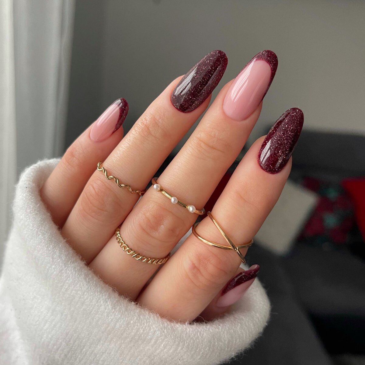 Long Almond Glitter French Tips Long Almond Glitter French Tips β Black Cherry Nails