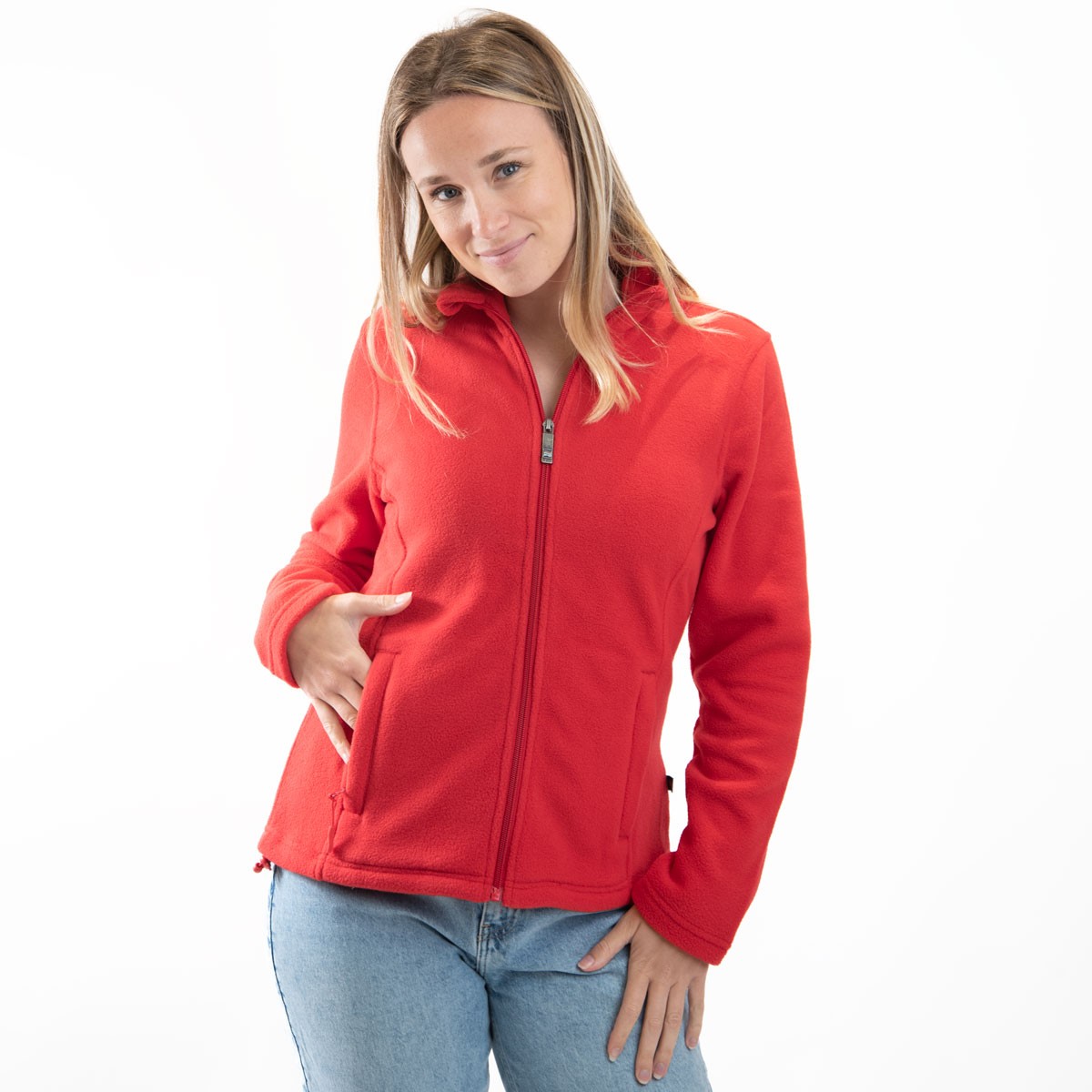 Vibrant Red Fleece Jacket with Denim — Fleece Jacket Outfits