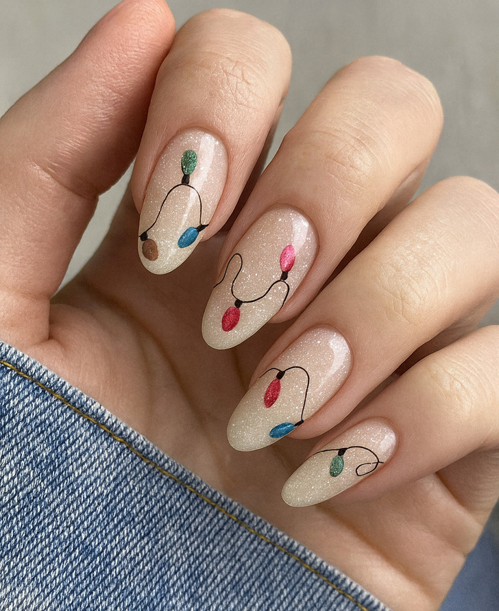 Glitter Christmas Lights Almond Nails — Aesthetic Winter Nails