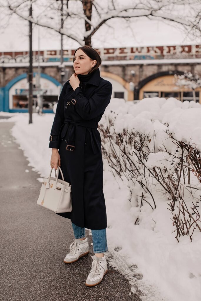 Navy Trench Coat Over Denim and Turtleneck — Old Money Winter Outfits