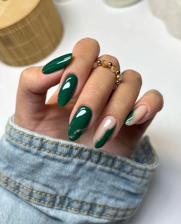 Emerald Green with Silver Glitter Stiletto Nails Emerald Green with Silver Glitter Stiletto Nails β Winter Green Nails