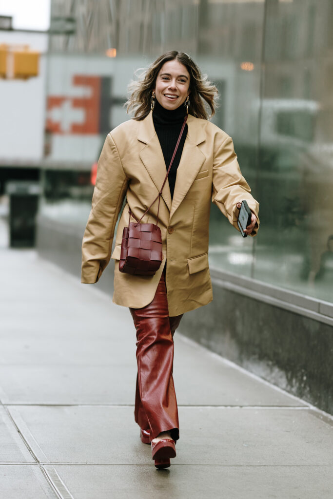 Burgundy Leather Pants with an Oversized Tan Blazer — February Outfits
