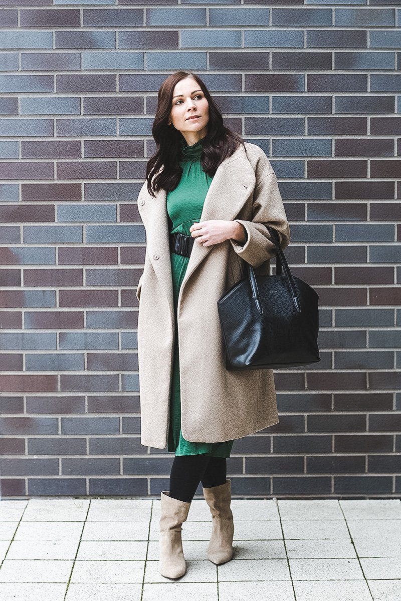 Green Satin Dress with Wool Coat and Slouch Boots Green Satin Dress with Wool Coat and Slouch Boots β Winter Dress Outfits