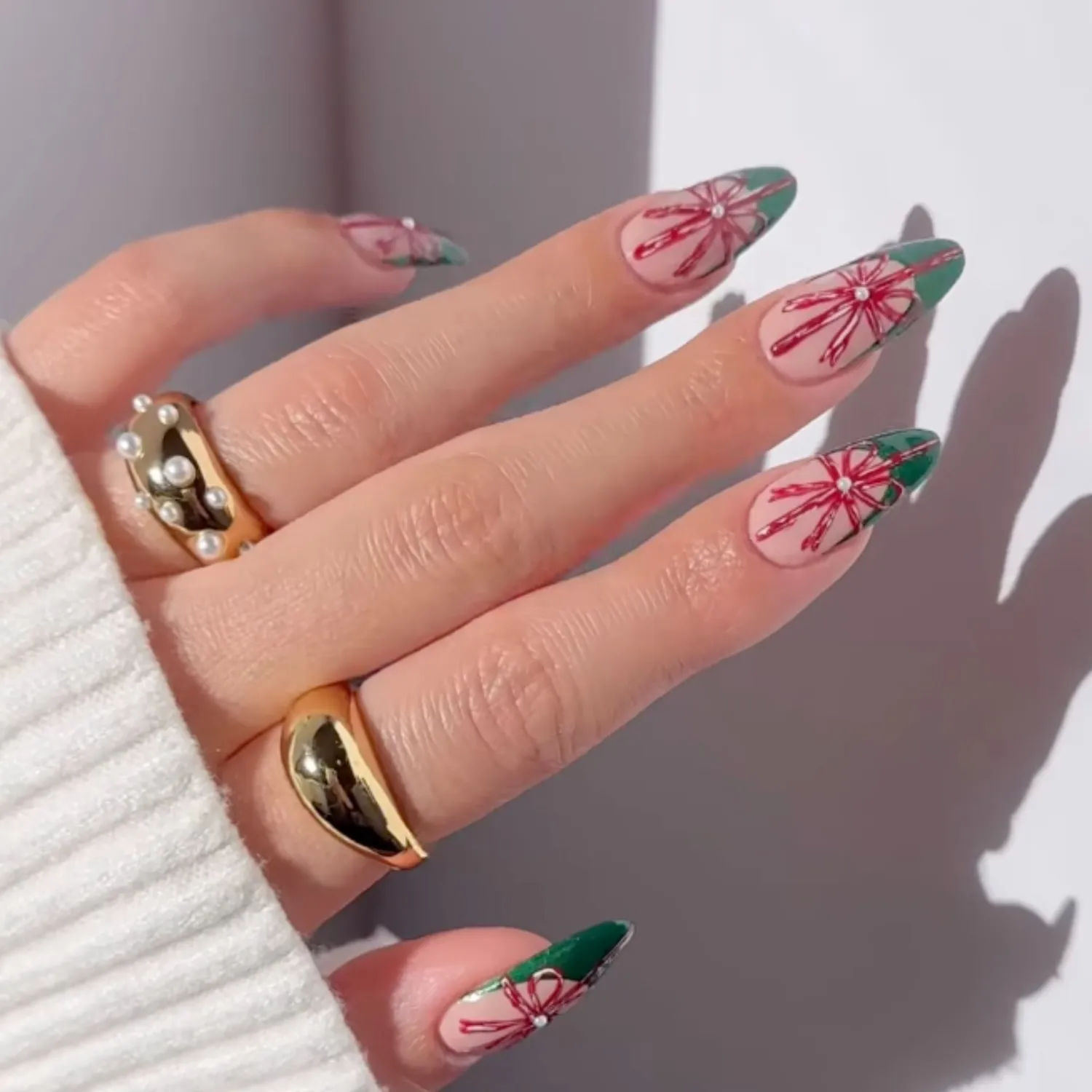 Nude Christmas Tree and Bow Almonds Nude Christmas Tree and Bow Almonds β Christmas Nails 2026