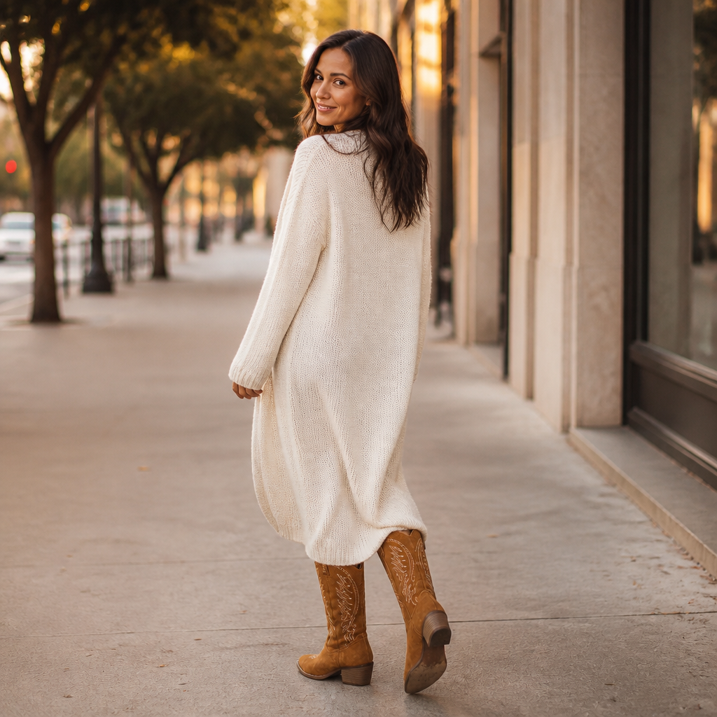 Long Cable Knit Cardigan for Cozy Western Vibes — Western Winter Outfits