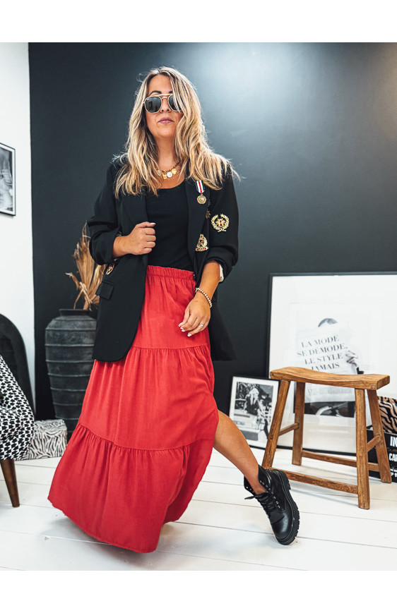 Red Tiered Maxi Skirt with Embellished Blazer — Boho Winter Outfits