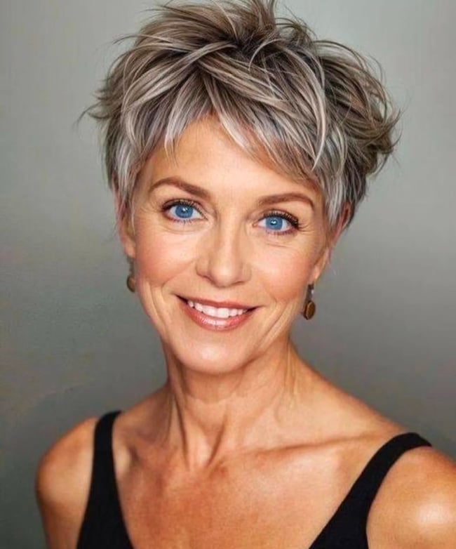 Textured Salt and Pepper Pixie — Winter Haircuts for Women Over 40
