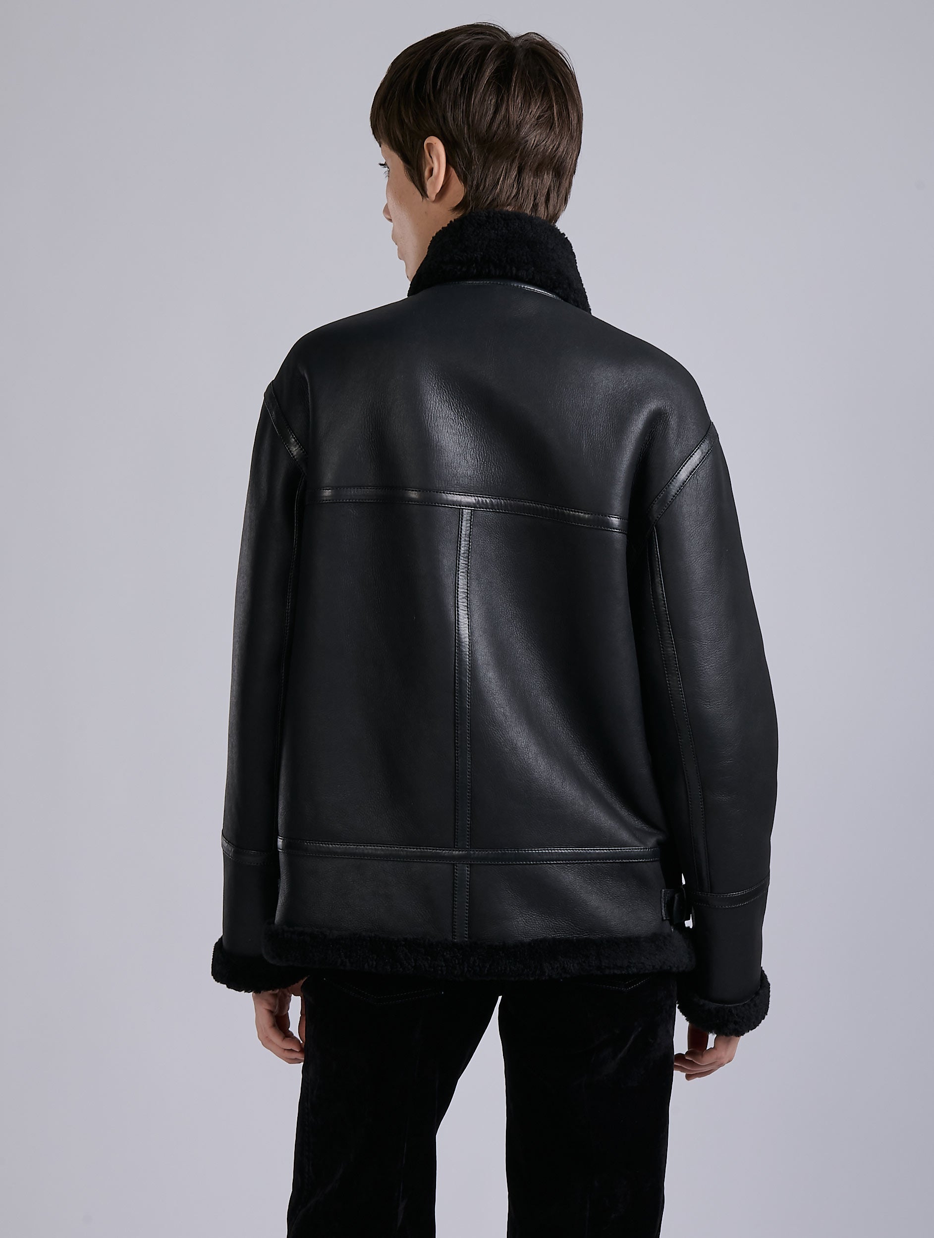 Black Leather Shirt-Jacket Style with Cream Shearling Trim — Shearling Coat Outfits