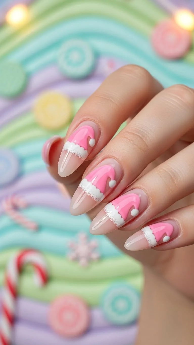 Pink Santa Hat French Tip Nails Pink Santa Hat French Tip Nails β Medium Christmas Nails 2026