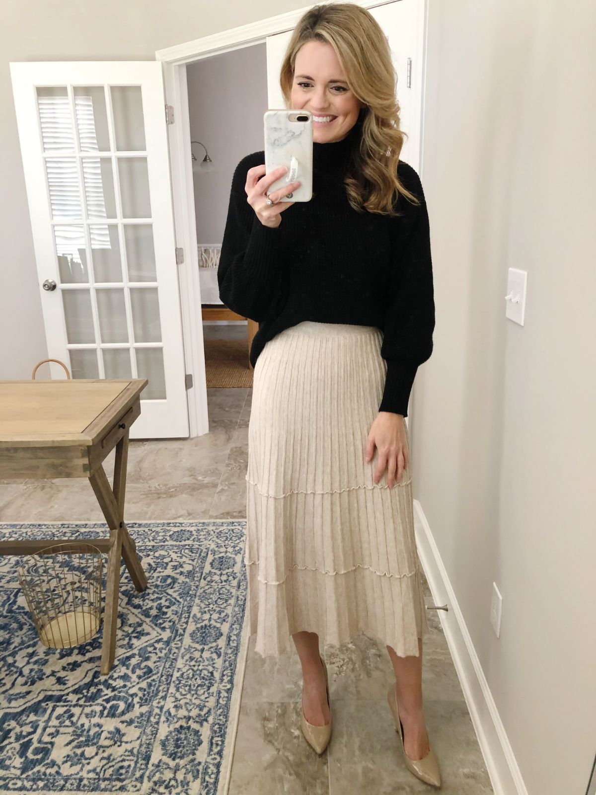 Ribbed Knit Midi Skirt and Turtleneck for Church — Winter Church Outfits