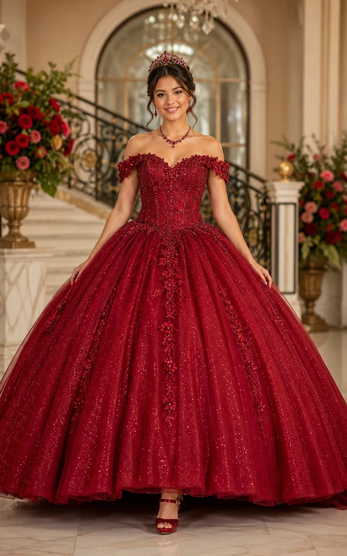 Red Beaded Off-the-Shoulder Ballgown — Winter Formal Dresses