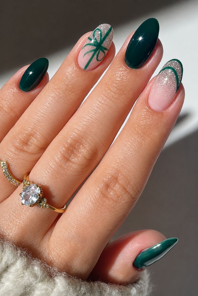 Short Oval Green with Pink Bow and Silver Glitter Tips — Green Christmas Nails 2026