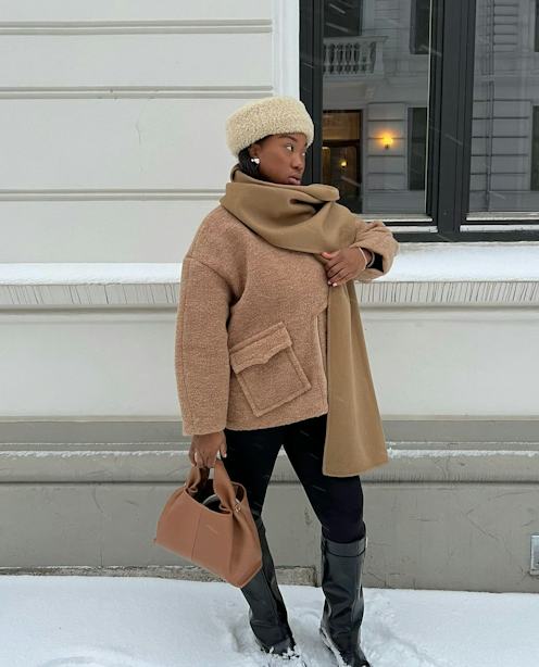 Textured Camel Jacket and Scarf for a Snowy Day — January Outfits