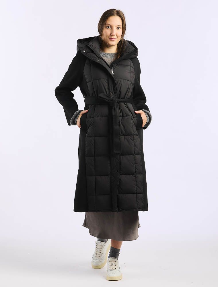 Belted Long Black Puffer Coat Over Midi Dress — Long Puffer Coat Outfits
