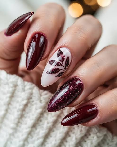 Deep Burgundy Glitter Leaf Almond Nails — Medium Length Winter Nails