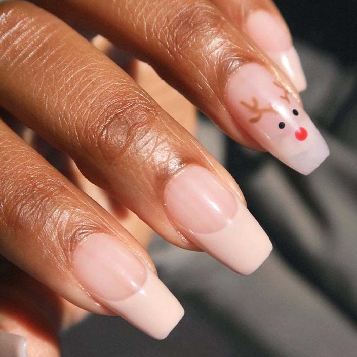 Pale Pink Reindeer French Nails — Winter Acrylic Nails