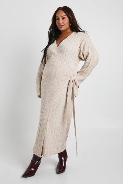 Beige Ribbed Knit Wrap Dress with Burgundy Boots Beige Ribbed Knit Wrap Dress with Burgundy Boots β Winter Outfits for Women Over 70