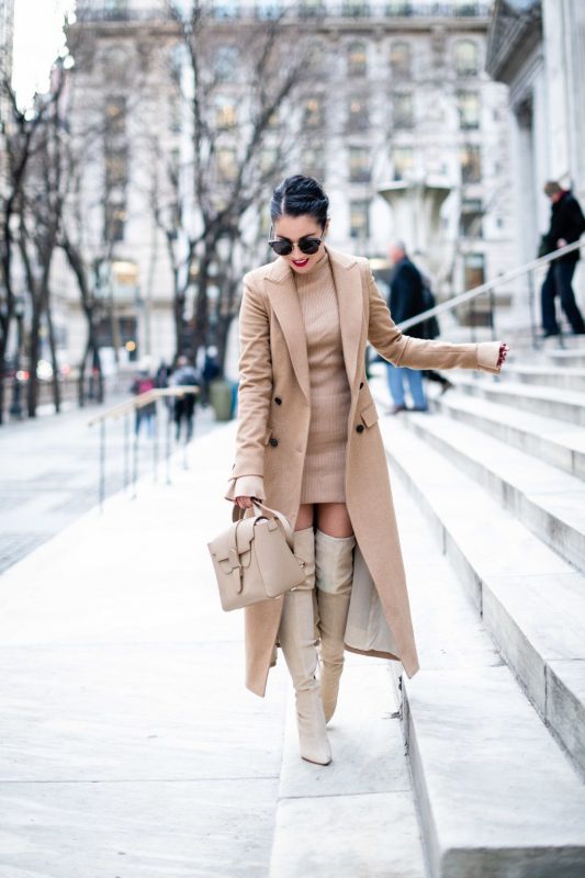 Monochromatic Chic: Camel Coat Over Beige Knit Dress and Boots Monochromatic Chic: Camel Coat Over Beige Knit Dress and Boots β Comfy Winter Outfits