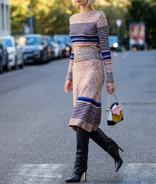 Red Knit Sweater and Black Denim Mini Skirt with Black Over-the-Knee Boots — Over the Knee Boots Outfits