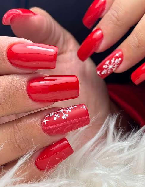 Vibrant Red Square Nails with Intricate Snowflakes Vibrant Red Square Nails with Intricate Snowflakes β Snowflake Nails