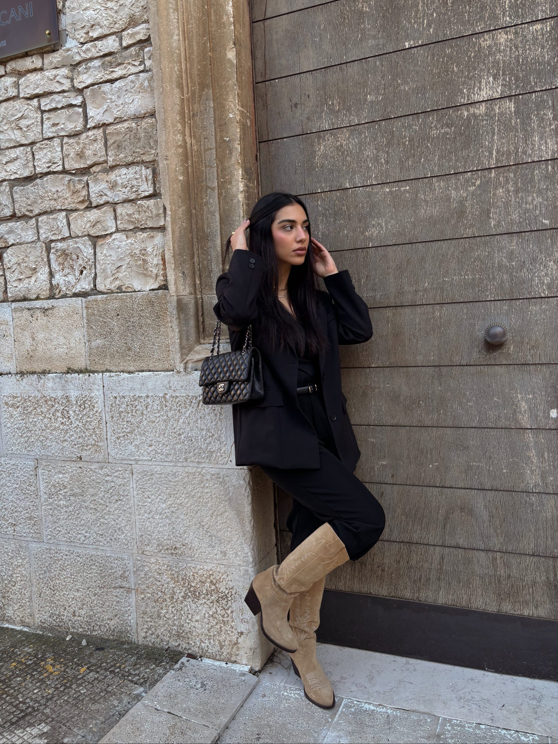 Cowboy-Style Boots with Black Trousers and Blazer — Knee High Boots Outfits